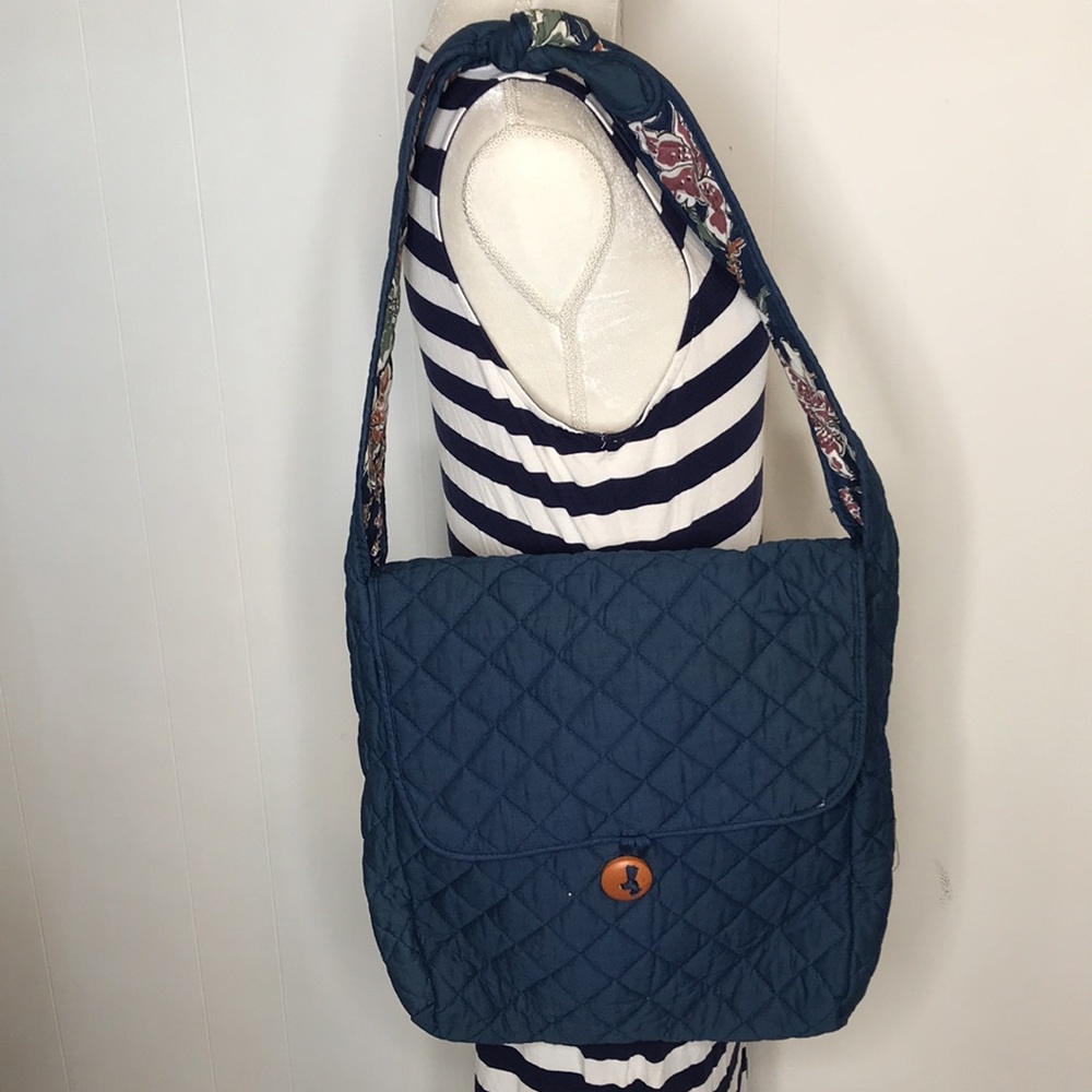 Reversible Tote Bag Quilted Navy Blue Floral Shoulder Strap Laptop Purse Carry